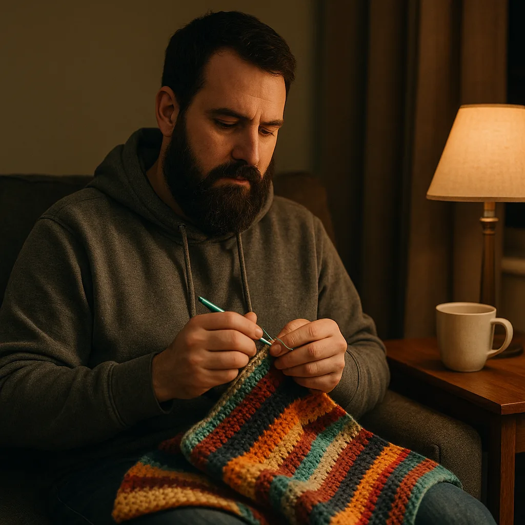 A bearded man crocheting a colourful blanket on a couch at night, symbolizing peace and joy in early sobriety
