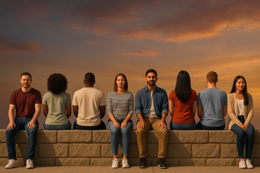 Eight people sitting on a stone wall at sunset, half facing one direction and half the other, symbolizing spiritual indecision and faith during recovery.