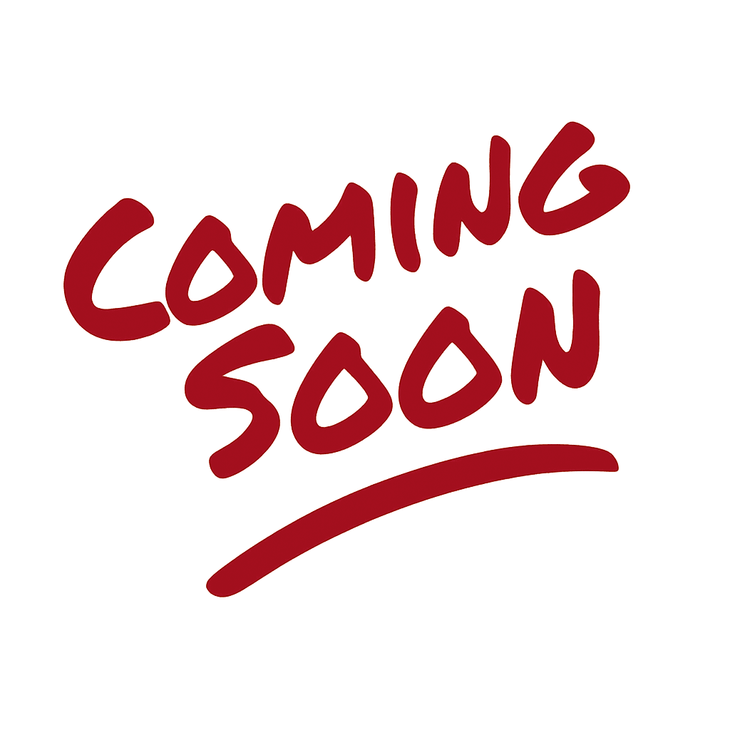 Red handwritten text reading "Coming Soon" on a 30-degree angle with a transparent background