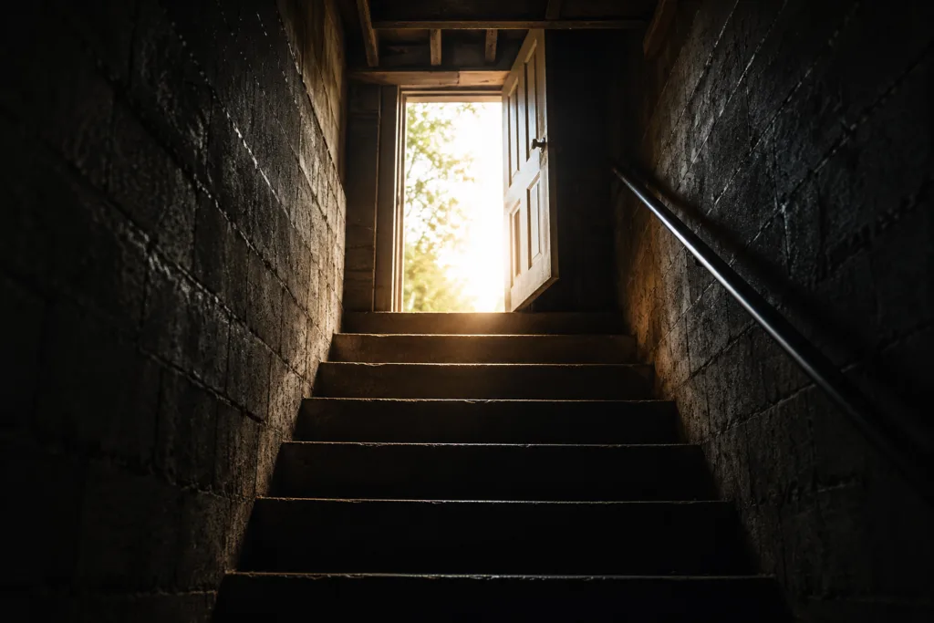 Dark basement stairs leading toward an open door filled with light, symbolizing the decision to seek help for addiction.