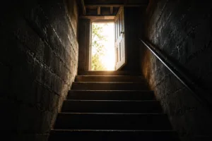 Dark basement stairs leading toward an open door filled with light, symbolizing the decision to seek help for addiction.