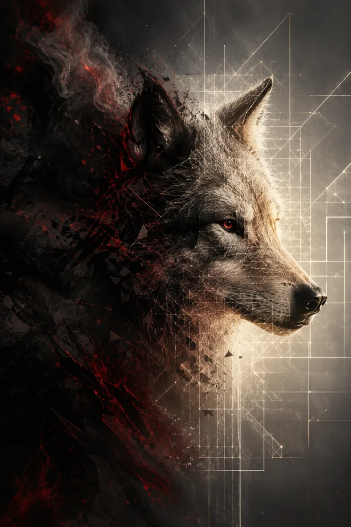 Abstract wolf transitioning from darkness into light, symbolizing addiction recovery, personal growth, structure, and healing.
