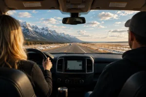 A husband and wife drive north on Highway 2 in Alberta after completing addiction treatment, with the Rocky Mountain foothills on one side and the open prairie on the other.