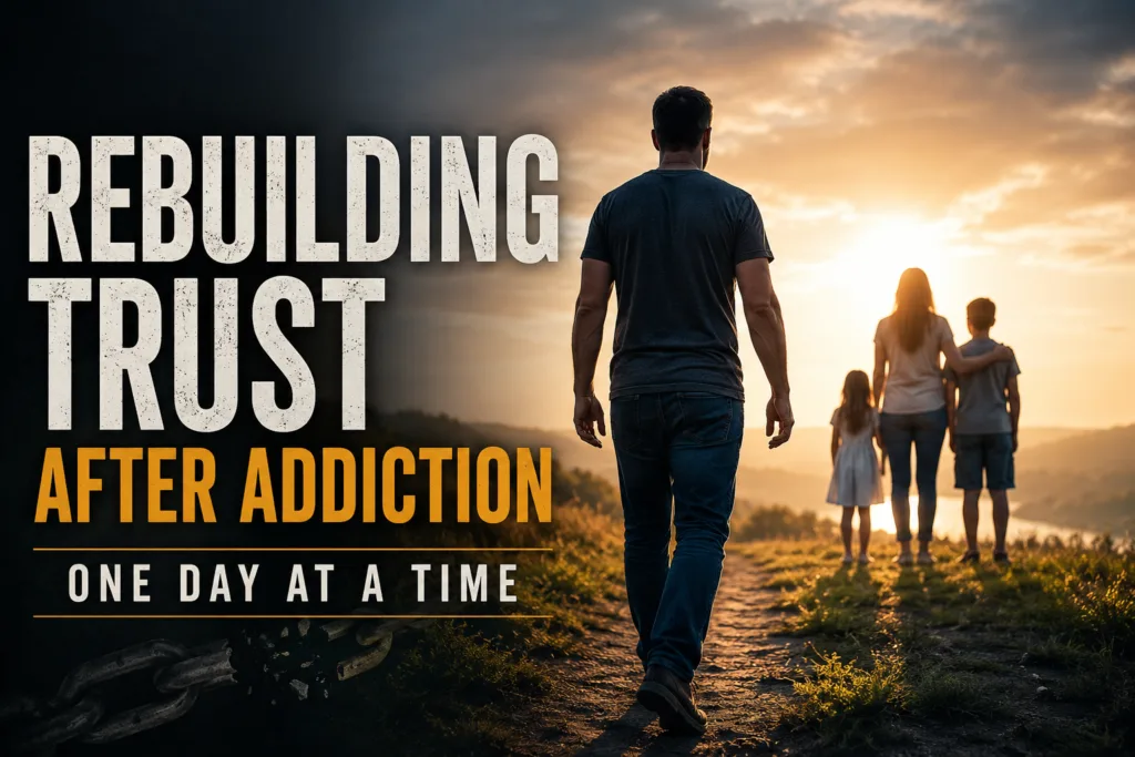 Rebuilding trust after addiction as a recovering husband walks toward his wife and children, symbolizing healing relationships through sobriety and consistent actions.