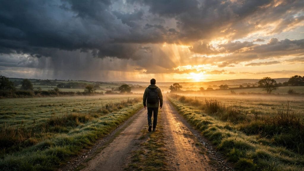 A man walking a country road at dawn as storm clouds part and sunrise breaks through, symbolizing the journey from addiction to recovery