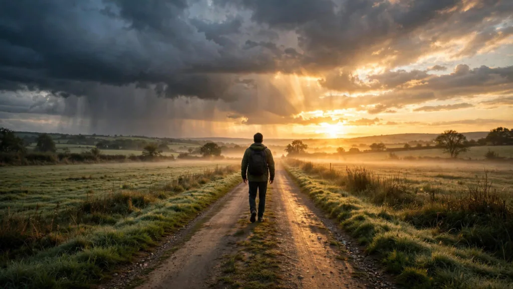 A man walking a country road at dawn as storm clouds part and sunrise breaks through, symbolizing the journey from addiction to recovery