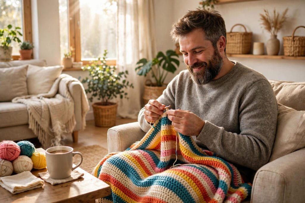 A smiling man crocheting a colourful blanket in a bright living room, symbolizing replacing addiction with real joy in early sobriety