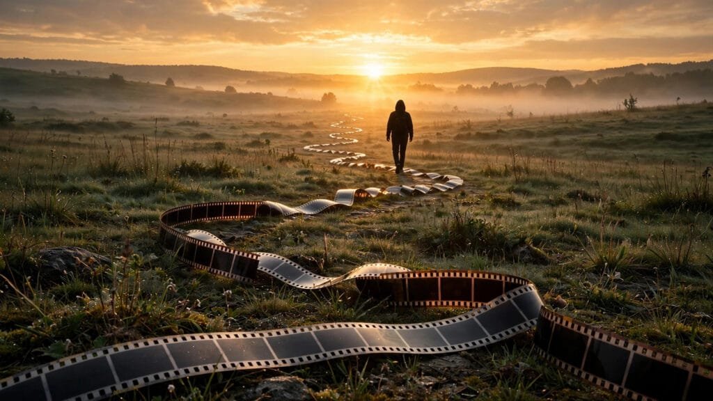 A person walking a film-strip path toward a sunrise, symbolizing playing the tape forward in sobriety