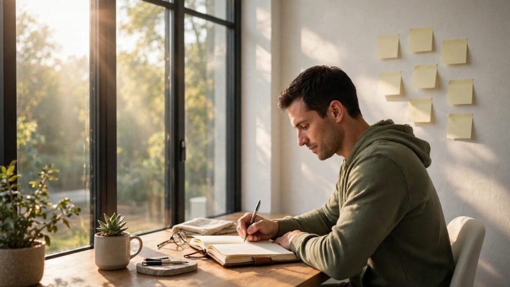 A man journaling by a sunlit window, symbolizing changing thought patterns through cognitive behavioral therapy