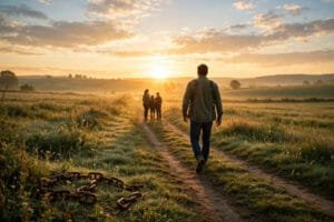 A man walking toward his family at sunrise with broken chains behind him, symbolizing rebuilding trust after addiction
