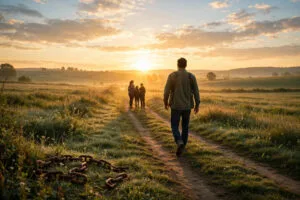A man walking toward his family at sunrise with broken chains behind him, symbolizing rebuilding trust after addiction