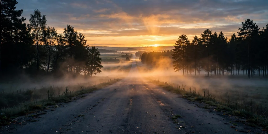 Dawn breaking over an open road - a new beginning